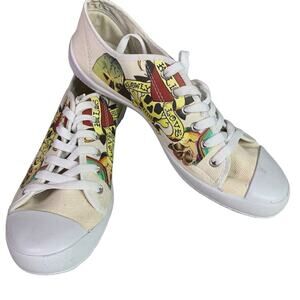 Women's L&C Low Top Sneakers Size 9 White Canvas Skull Graphics Laceup Round Toe